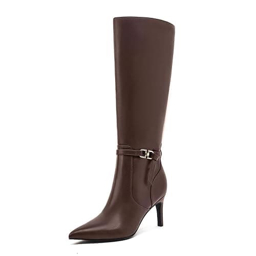 MOTIMODEN Women's Knee High Boots Women Mid Heel Pointed Toe Tall Boots for Women High Heel Side Zipper with Buckle Bow Knots Long Boots for Fall Winter for Fall Winter - 9.5 - Brown-buckle - Image 1