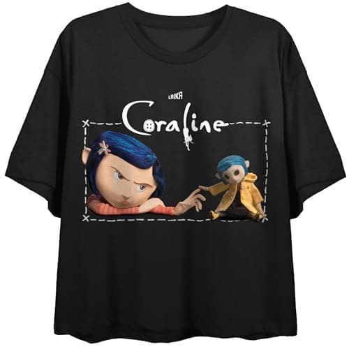Coraline & Coraline Doll Women's Black Crew Neck Short Sleeve Crop Top thumbnail 4
