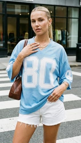 Hesaco Womens Graphic Tees - Oversized Jersey Summer Top Jersey Top Coquette Clothes Y2k Streetwear Short Sleeve Shirts (US, Alpha, Medium, Regular, Regular, Blue) thumbnail 2