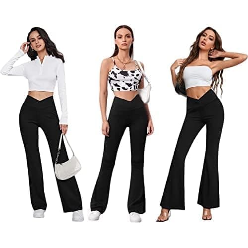 DLOODA Women's Flare Leggings with Pockets-Crossover High Waisted Bootcut Yoga Pants-Tummy Control Bell Bottom Leggings thumbnail 4