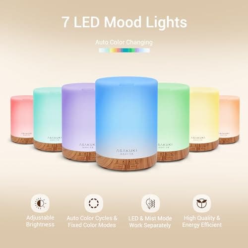 ASAKUKI Essential Oil Diffuser for Home, 300 ml Humidifier with Automatic Shut-Off, Quiet Aromatherapy Diffuser with 7 LED Lights for Living Room, Kitchen, Bedroom, Hotel - Light Brown thumbnail 5