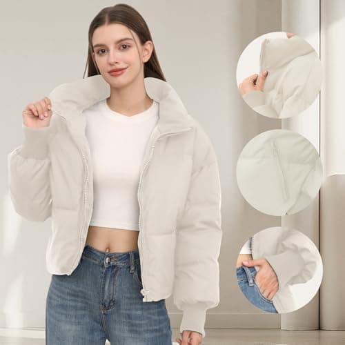 SXGYH Women’s Winter Cropped Puffer Jacket Coat Casual Quilted Baggy Long Sleeve Zip Down Jackets Outerwear (US, Alpha, X-Large, Regular, Regular, White) thumbnail 4