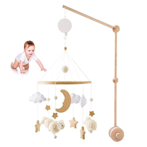 Mobile Musical en Bois avec Support Réglable et Boîte à Musique Décoration de Berceau Garçon et Fille (Beige) - Image 1