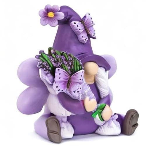 KnomeKo Lavender Gnome Fairy Garden Decor Purple Gifts for Women | Butterfly & Lavender Bouquet Resin Gnome , Spring Summer Decor Home Office Table Porch Yard thumbnail 7