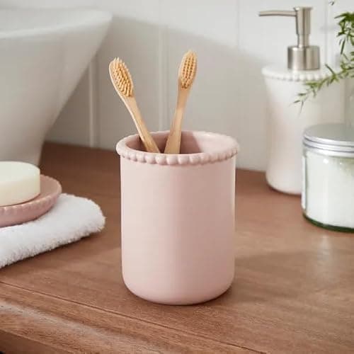 New Pink Decorative Bobbin Edge Toothbrush Holder, Ceramic Tumbler, Countertop Organizer for Toothbrushes, Stylish Glazed Finish Bathroom Decor-M05 (Toothbrush Holder) - Image 1