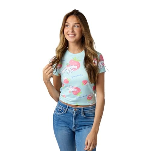 Bioworld Cinnamoroll & Strawberries All-Over Print Women's Blue Crew Neck Short Sleeve Baby Tee thumbnail 8