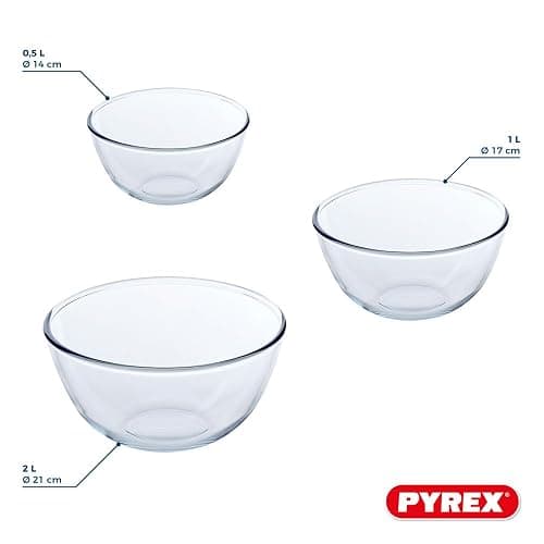 Pyrex – 8023509 – 3 Pieces; Glass Mixing Bowls/Salad Bowl – 0.5 L; 1 L; 2 L – Borosilicate Glass – Heavy Duty – Made in France thumbnail 3