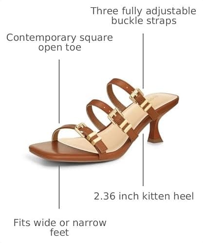 PIZZ ANNU Women's Liora Kitten Heels Sandals Square Open Toe Slip-On Mules with Three Buckle Comfortable Casual Dress Pumps Shoes thumbnail 3