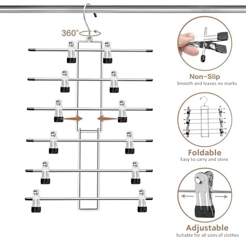 Pants Hangers with Clips,Space Saving Hanging Closet Organizer-6 Tiers Skirt Hangers with 360° Swivel Hook,Closet Organizer-Clothes Hangers- College Dorm Essentials Apartment Essentials-2 Pack thumbnail 6