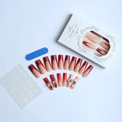 24Pcs Red French Tip Press on Nails Long Coffin Fake Nails 3D Flower Stick on Nails with Glitter Butterfly Rhinestones Red Gems Design Full Cover False Nails Artificial Glue on Nail Supply for Women thumbnail 6