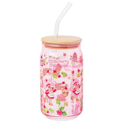 Silver Buffalo Strawberry Shortcake Berry Print Glass Tumbler with Bamboo Lid and Glass Straw Featuring Strawberry Shortcake and Custard, 16 Ounces - Image 1