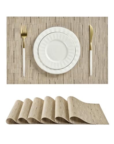 Leetaltree Light Brown Placemats Set of 6 - Heat Resistant Non-Slip Place mats for Dining Table, Washable Durable PVC Vinyl Woven Table Mats(Light Brown, 6) - Image 1