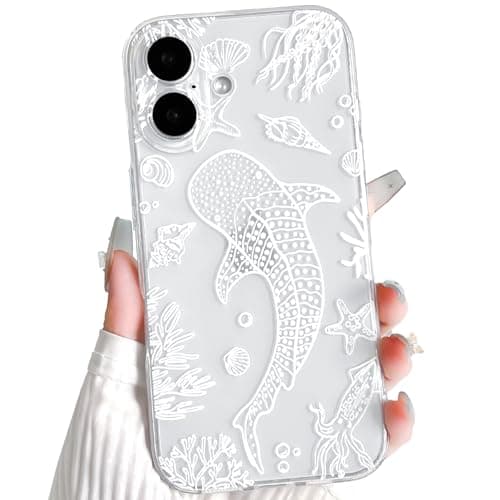 NITITOP Compatible with iPhone 17 Case Clear Cute Shell Whale Sea Ocean Animal Pattern for Women Girls Full Camera Lens Slim Shockproof Protective Phone Cover - White Fish - Image 1