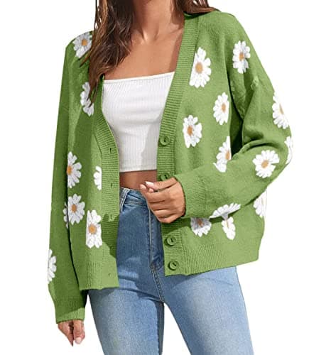 Women's Floral Print Cardigan Long Sleeve Open Front Button Down V Neck Knitted Sweaters - Image 1