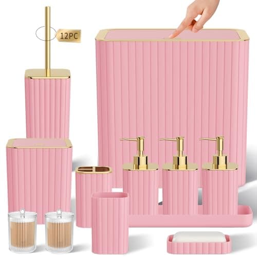 InnJoey Bathroom Accessory Set - Bathroom Set, 12PC Bathroom Accessories Set, Pink Bathroom Accessories Set, Mini Trash Can, Toilet Brush, Trash Can & Soap Dispenser - Image 1