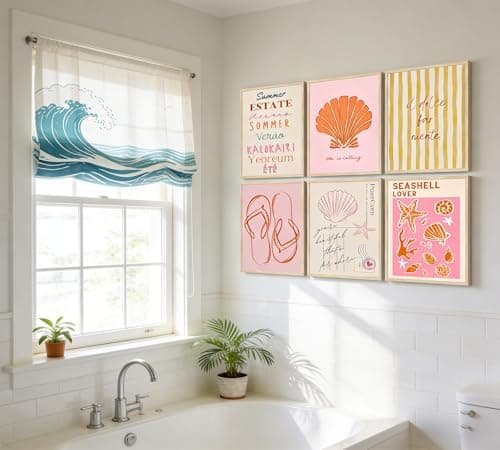 6 Pcs Coastal Style Poster Wall Art,Pink Orange Preppy Style Painting Picture Wall Decor,Beach Seashell and Starfish Canvas Print Artwork,for Bathroom Girl Room Dormitory Home Decoration Unframed thumbnail 9