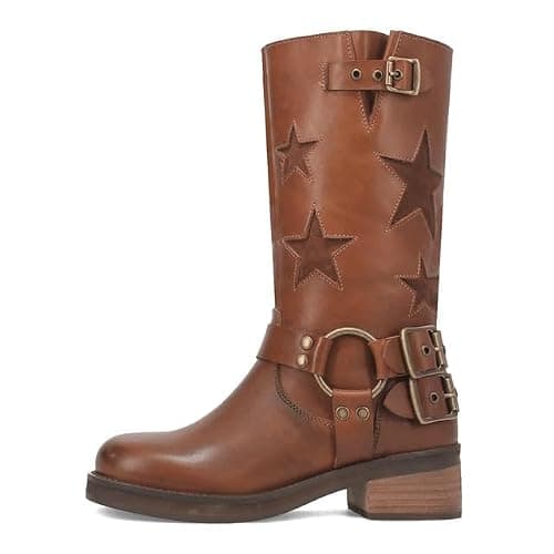 KISTANIA Women's Knee High Riding Boots Square Toe Chunky Heel Fashion Buckle Belts Cowboy Cowgirl Moto Boots with Stars - Image 1