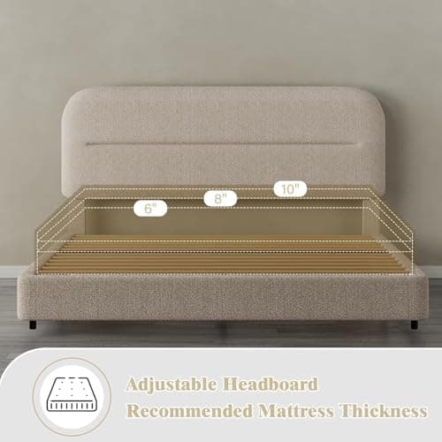 HOMBCK Bed Frame Queen Size, Boucle Upholstered Platform Queen Bed Frame with Headboard, Soft Headboard with Rounded Corners Design, Wood Slats, No Box Spring Required, Easy Assembly, Beige thumbnail 7