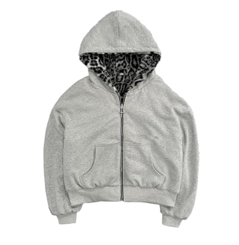 GOTHPICKUS Y2K Womens Faux Fur Leopard Print Hoodies Zip Up Fleece Warm Jacket Fluffy Baggy Vintage Trendy Streetwear - Image 1
