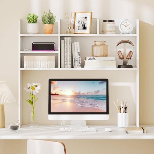 Tangkula Desktop Bookshelf for Computer Up to 32”, 37” Countertop Storage Hutch with 6 Storage Shelves, 3-Tier Desktop Organizer Display Rack, Wooden Desk Hutch for Dorm Home Office (White) thumbnail 4