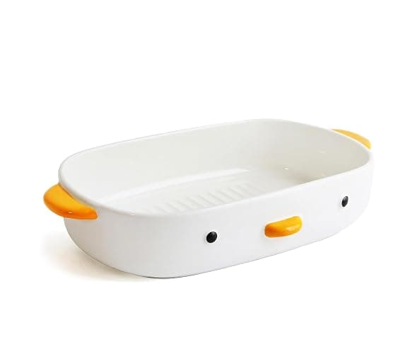 PURROOM Cute Duck Baking Dish, Ceramic Casserole Dish, White Porcelain Pie Pan, 10x7 in Medium Baking Pan with Handles, Oven Safe & Durable Bakeware for Lasagna. - Image 1