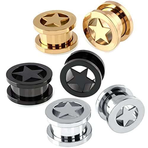 Pair of Star Tunnels Plugs Stainless Steel Screw Tunnels Ear Expander Stretcher Piercing Gauges With O-Ring Fashion Punk Black Minimalist Lucky Body Jewelry Gifts for Women Men thumbnail 3