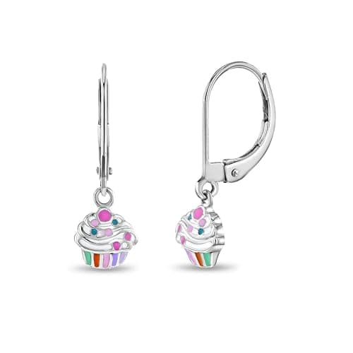 In Season Jewelry Cupcake Girls Earrings for Kids - 925 Sterling Silver Dangle Jewelry - Hypoallergenic Earrings for Girls with Secure Lever Back - Safe & Comfortable for Toddlers & Kids - Image 1