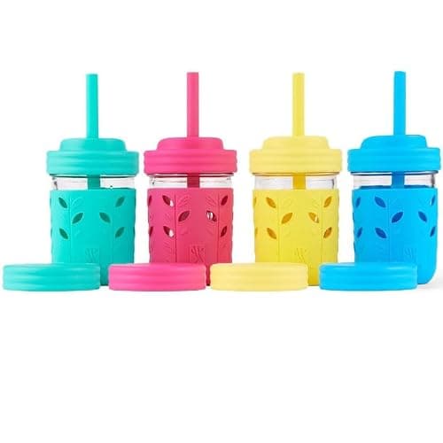 Elk and Friends Kids + Toddler Glass Cups | The Original 8oz Glass Mason Jar with Sleeves + Lids | Silicone Straws + Stopper | Smoothie Cup | Food Storage | Spill Resistant | Dishwasher Safe | 4 Pack - Image 1