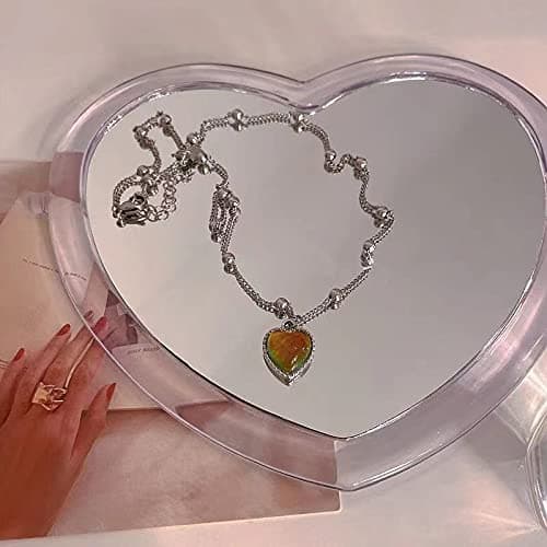 Color Change Love Heart Pendant Necklace Temperature Sense Color Changing Rings Glass Beaded Link Chain Trendy Necklace for Women - Necklace thumbnail 4