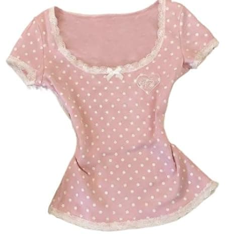 Womens Y2K Sweet Japanese Kawaii Pastel Stripe Print Henley T Shirt Cute V Neck Soft Aesthetic Casual Fitted Baby Tee - Image 1