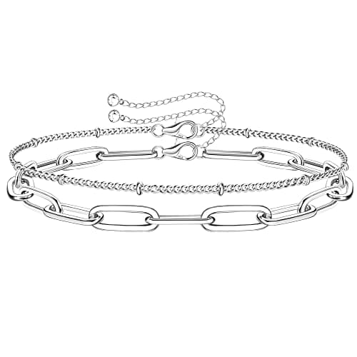 MILACOLATO 925 Sterling Silver Clasp Paperclip Chain Bracelets 14K White Gold Plated Solid Paperclip Chain Women Bracelet Adjustable Layered Satellite Beads Bracelets for Women - Image 1
