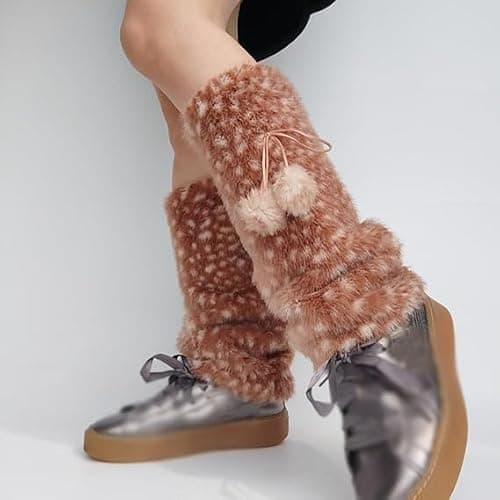 Deer Print Leg Warmers Women Faux Fur Leg Warmer Y2k Women's Brown Furry Socks Christmas Accessories Legwarmers Hats Gloves thumbnail 5