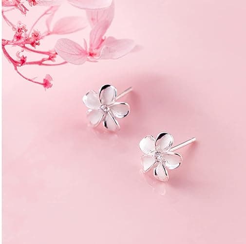 Reffeer Solid 925 Sterling Silver Plumeria Flower Stud Earrings for Women Teens Crystal Flower Stud Earrings - A-Silver thumbnail 5