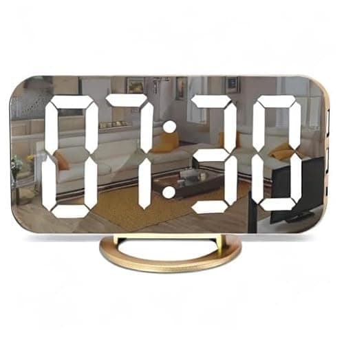 SZELAM Digital Alarm Clock,LED and Mirror Desk Clock Large Display,with Dual USB Charger Ports,3 Levels Brightness,12/24H,Modern Electronic Clock for Bedroom Home Living Room Office - Gold - Gold thumbnail 9