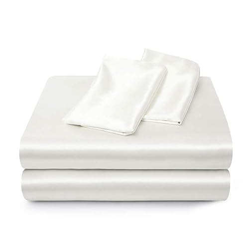 Satin Bed Sheets Queen Sheet Set, White Silk Sheets, 4 - Pieces Soft Bedding Set with 1 Deep Pocket Fitted Sheet,1 Flat Sheet,2 Pillowcase thumbnail 6