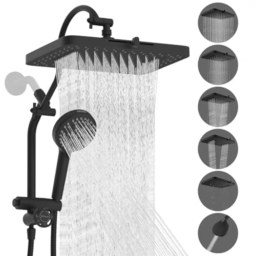 Hibbent cUPC Certified 13'' Shower Head Combo, High Pressure 5 Spray Rainfall Showerhead, 10 Spray Mode Handheld, All Metal Easy Reach 4-way Diverter Arm with Pause Mode, 71'' Hose and Holder, Black - Image 1
