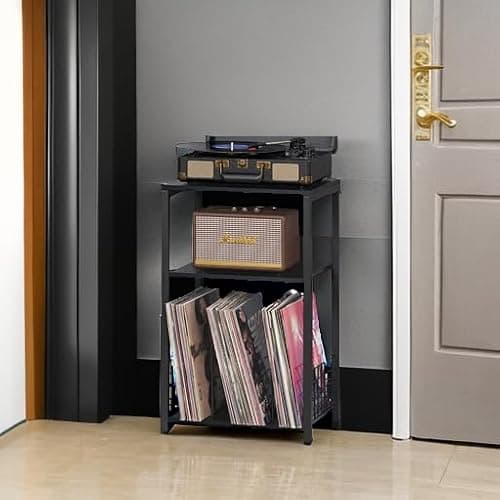 LELELINKY Black End Table, Small Side Table with Metal Frame,Modern Record Player Stand with Storage Shelf, Wood 3 Tier Sofa Bedside Tables, Narrow Nightstand for Living Room Bedroom Office thumbnail 6