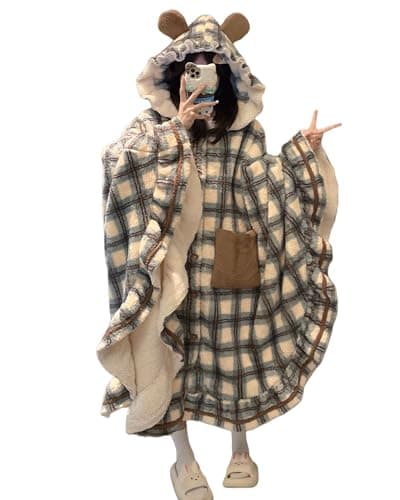 Neglance Plaid Hooded Cloak Plush Pajamas Robe Cute fuzzy Women's Winter Fleece Bathrobe with Pockets kawaii Loungewear - Image 1