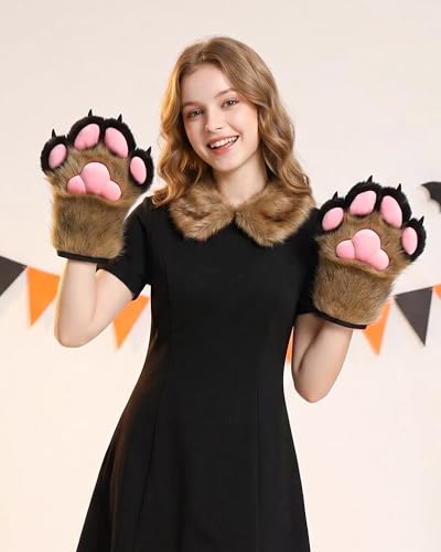 BNLIDES Cosplay Fursuit Paw Gloves Furry Claw Gloves Built-in Whistle Decompression Toys Costume Party Accessories for Adult (Khaki-Black) thumbnail 2