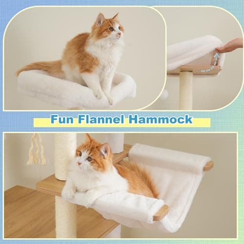 Hey-brother Wooden Cat Tree, 69.7 inch CatsFI urniture Tower with Large Platforms, Hammocks, Spacious Condo, Full Sisal Scratching Posts, Ladder, Brush, Water Proof Surface, White Oak MPJ121BT thumbnail 5