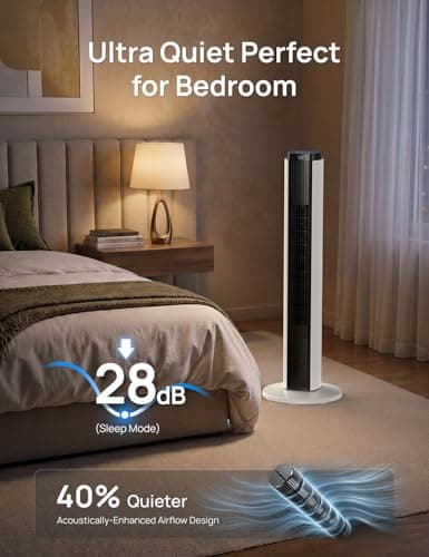 ZAFRO Tower Fan for Bedroom, 37'' Cooling Fans with 4 Modes 6 Speeds, 26 ft/s Velocity, 28dB Quiet for Sleep, LED Touchpad & 12H Timer, 90° Oscillating Floor Fans that Blow Cold Air, Black+White thumbnail 5