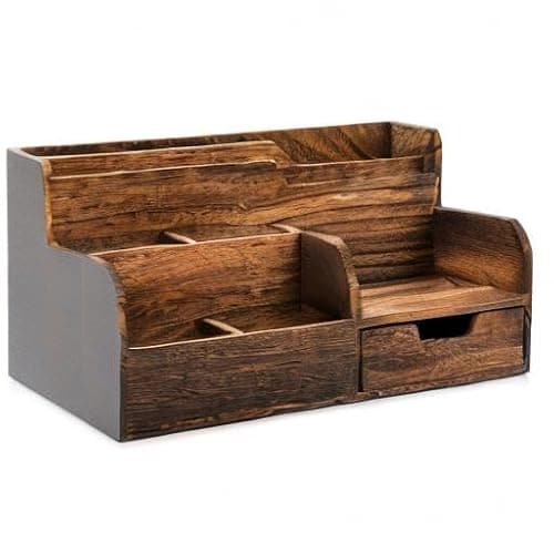 Pumtus Brown Wooden Mail Organizer, Desk Organizer with 7 Compartments and Drawer, Rustic Mail Sorter with Pen Holder, Tabletop Mail Basket, Office Accessories Holder for Pen File Letter Document thumbnail 9