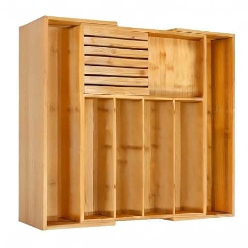 VaeFae Bamboo Silverware Drawer Organizer Kitchen, Expandable Utensil Organizer with Knife Block, Cutlery Tray with Divider, Multifunctional Drawer Organizer thumbnail 7