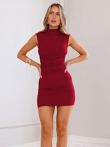 Sukiglam Robe Courte Femme Sexy sans Manches Col Haut Robes Moulante Chic et Élégante Wrap Mini Robe de Soiree Ete Tenues Décontractée Bodycon Robes Fourreau de Clubbing Cocktail Fête thumbnail 3