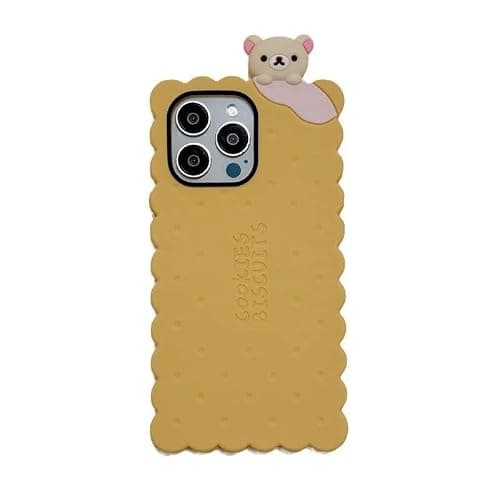 Soft Silicone Case for Apple 3D Cartoon Biscuit Sugar Sandwich Cookie Soda Cracker Snack Food Japanese Teddy Bear Animal Cute Lovely Adorable Kawaii Kids Girls (Yellow, for iPhone 14) - Image 1