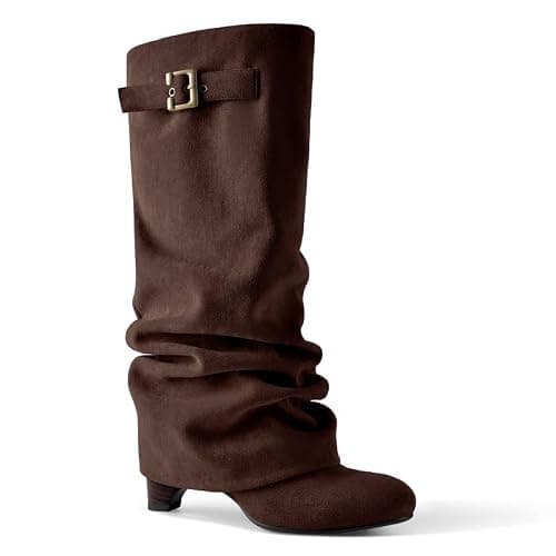 blingqueen Slouchy Wedge Suede Boots Fold Over Knee High Pull On High Heels - Image 1