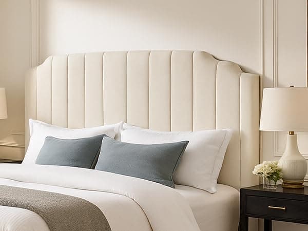 YI DANICA Upholstered Headboard for Full/Queen Beds - Arched Headboard & Bed Frame Mount, Adjustable Height, Velvet Tufted Modern Vertical Channel Design (Beige, Queen (U.S. Standard)) thumbnail 5