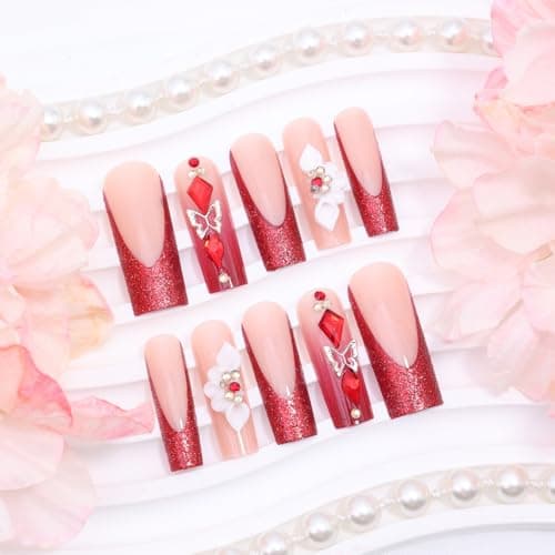 24Pcs Red French Tip Press on Nails Long Coffin Fake Nails 3D Flower Stick on Nails with Glitter Butterfly Rhinestones Red Gems Design Full Cover False Nails Artificial Glue on Nail Supply for Women thumbnail 4