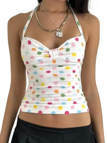 Erqiroc Y2K Polka Dot Halter Top for Women Colorful Backless Sleeveless Tie Neck Tank Summer Aesthetic Shirt - Image 1