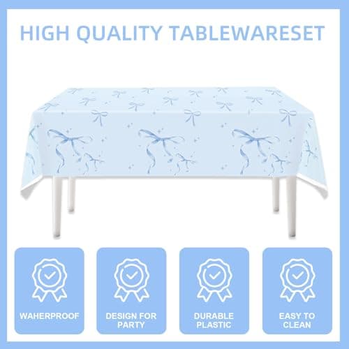 171Pcs Blue Bow Birthday Party Supplies Blue Bow Plates,Banner,Tabelcloth,Cups,Knives,Spoons,Forks,Baby Shower Girls Bow Party Decorations thumbnail 5